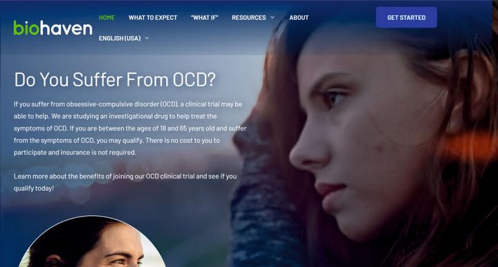 Biohaven OCD Trials – 网站屏幕截图