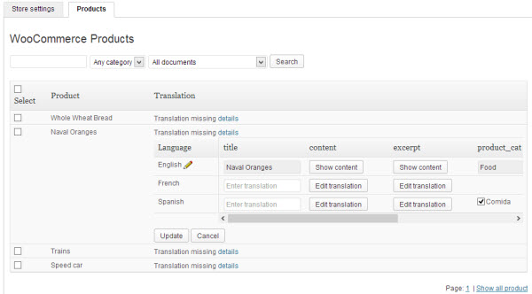 WPML Multilingual & Multicurrency for WooCommerce 产品表格（单击以放大）