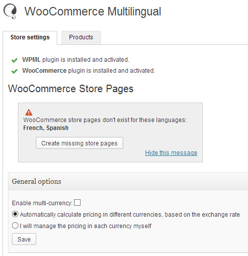 WPML Multilingual & Multicurrency for WooCommerce 管理后台页面