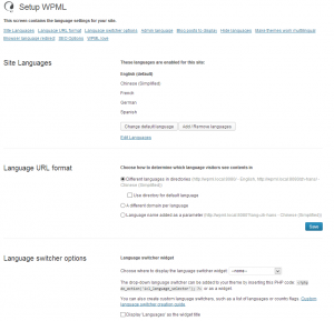 Tela de administração de idiomas no WPML 3.0