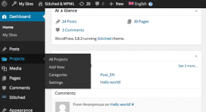 قائمة Projects مفتوحة في لوحة تحكم WordPress