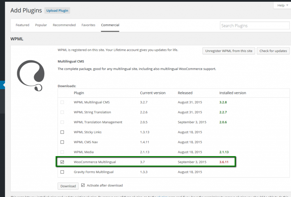 تثبيت وترقية WPML Multilingual & Multicurrency for WooCommerce من لوحة تحكم WordPress باستخدام اشتراك WPML.