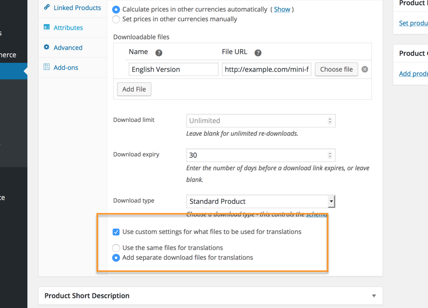 Using custom settings for products download files