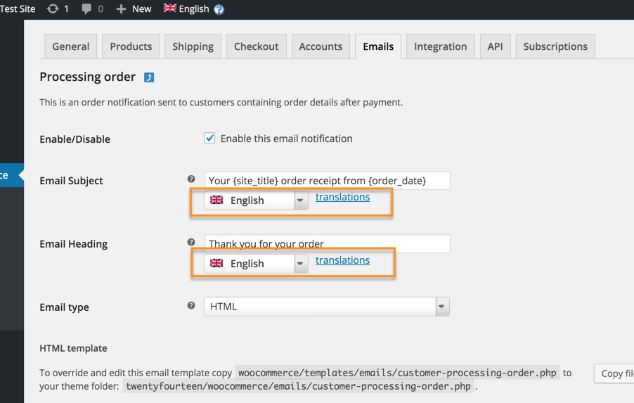 Translating emails strings