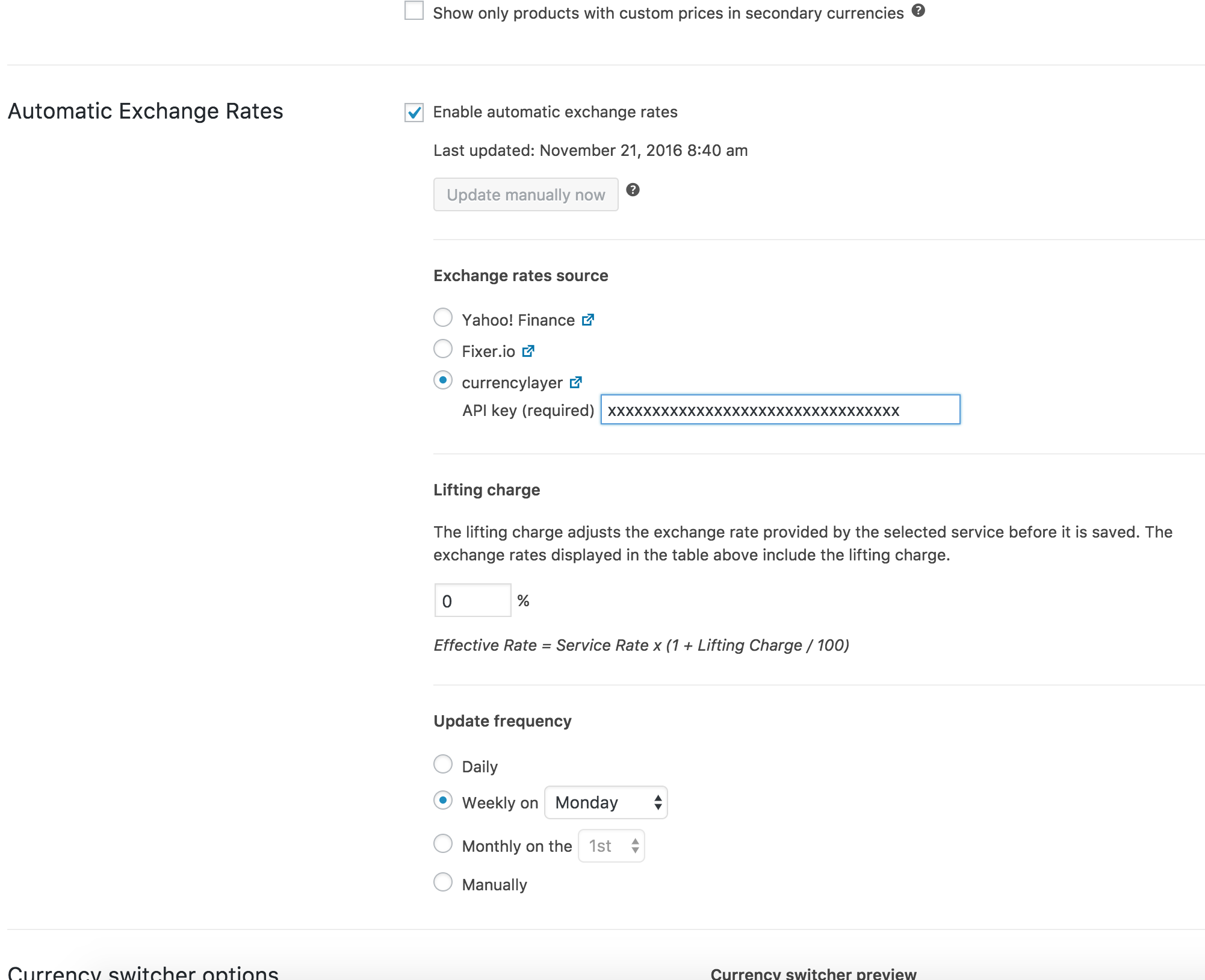 Interface de taxas de câmbio automáticas no WooCommerce 4.0
