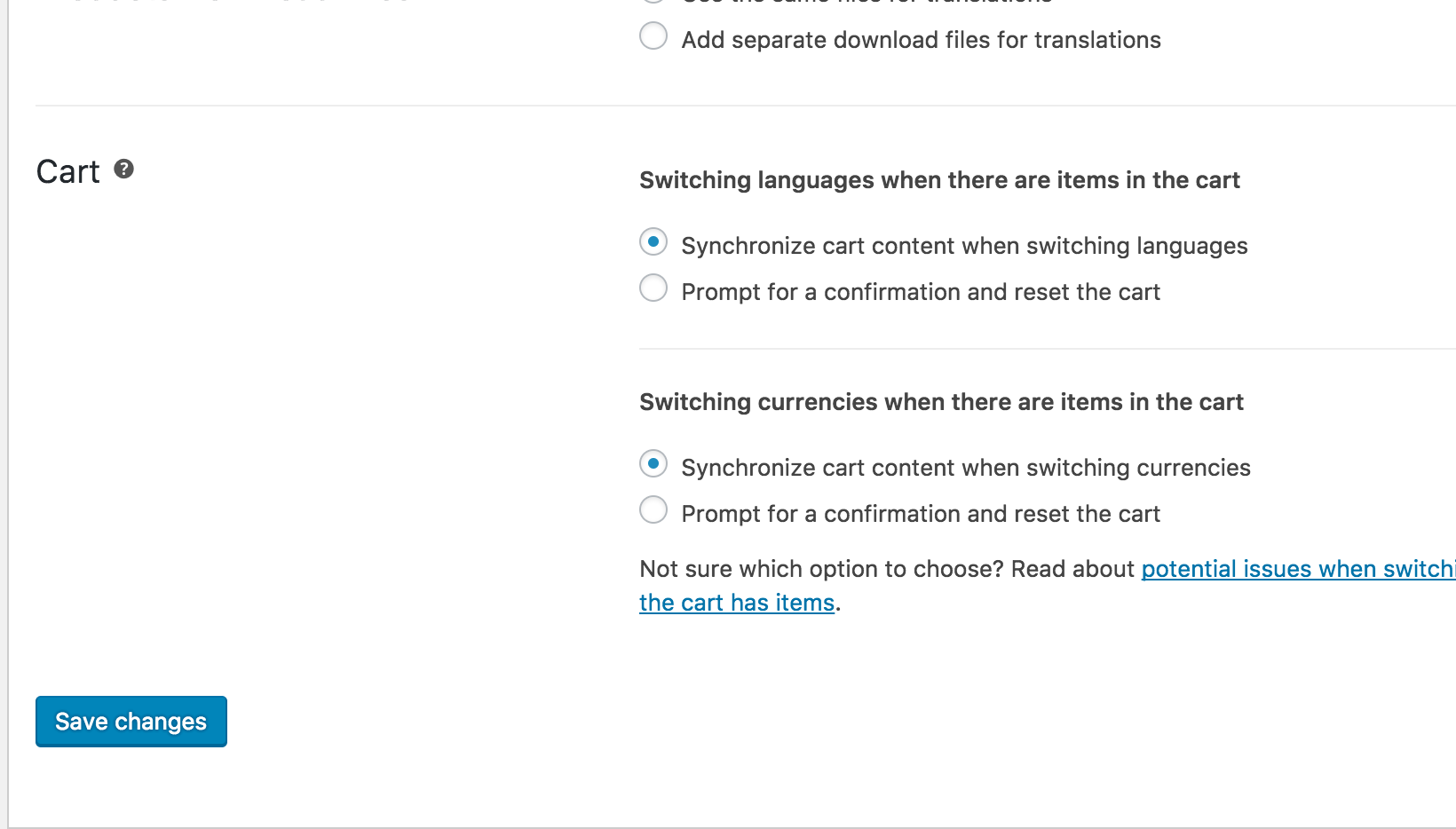 As novas opções para redefinir o carrinho ao alternar idiomas ou moedas no WPML Multilingual & Multicurrency for WooCommerce 4.0