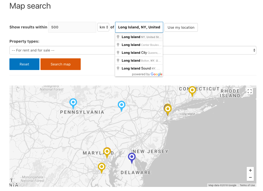 Searching properties based on a distance from a point of interest