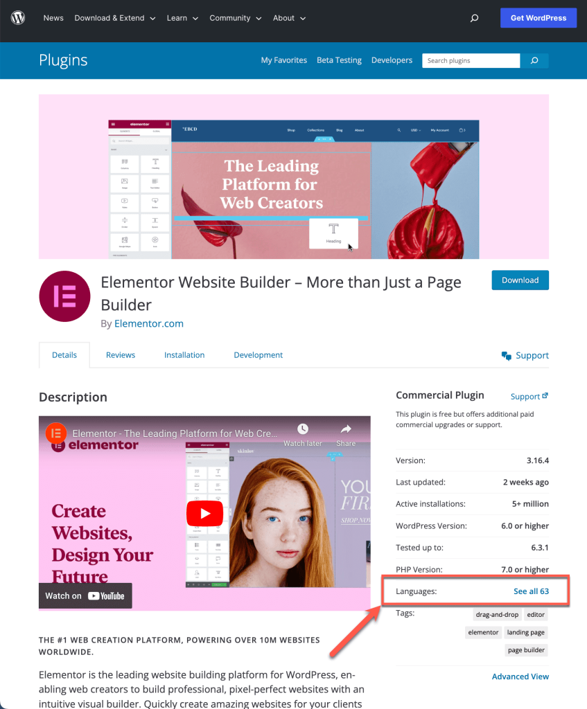 Seção de idiomas no repositório do WordPress