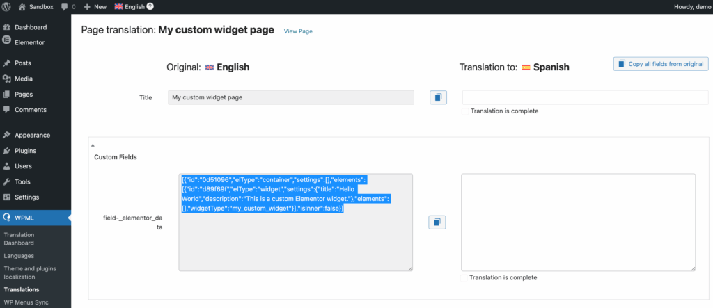 Copying the widget data in the Classic Editor