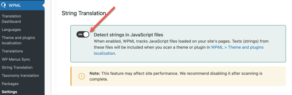 Opción para detectar cadenas de Javascript para su traducción en la Configuración de WPML
