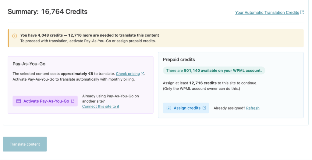 Notificaciones de crédito insuficiente en el Escritorio de traducción de WPML