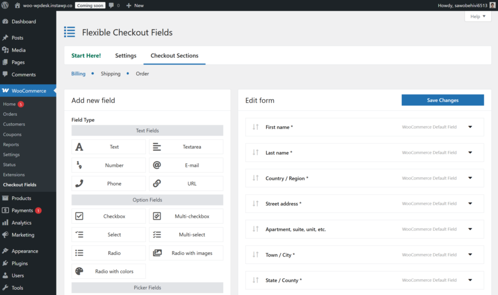 Checkout field editor
