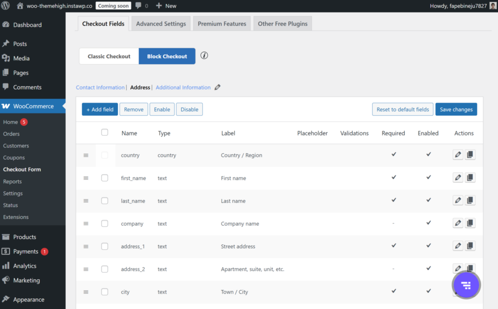 Checkout field editor
