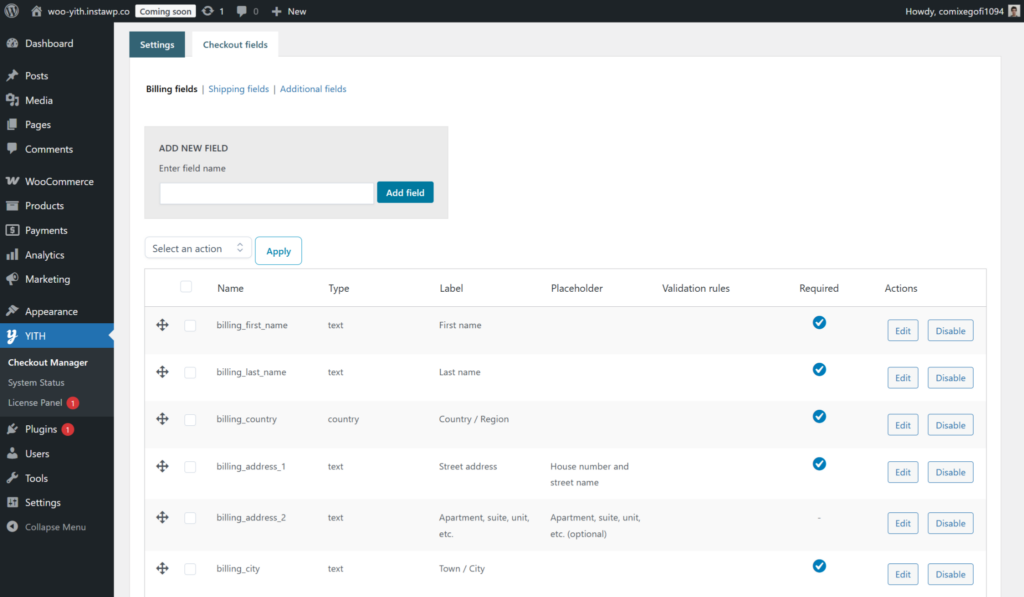 Checkout field editor