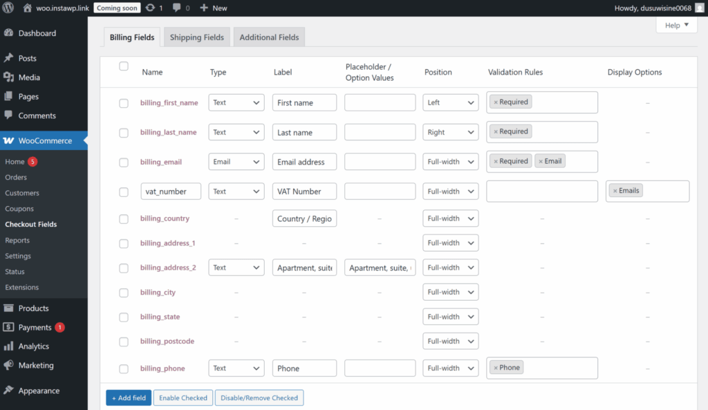 Checkout field editor