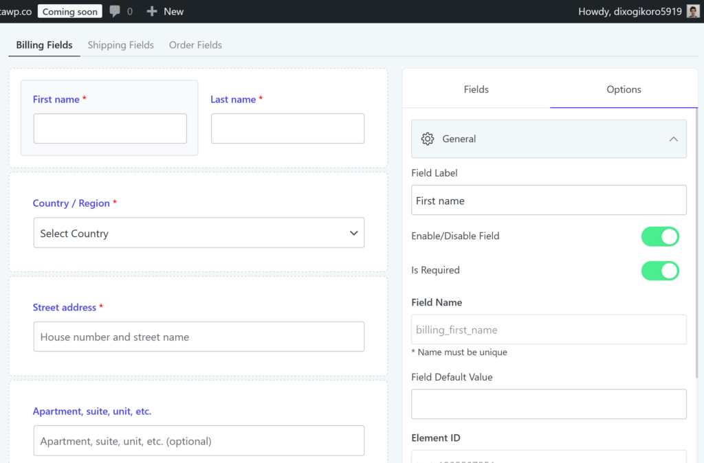 Checkout field settings