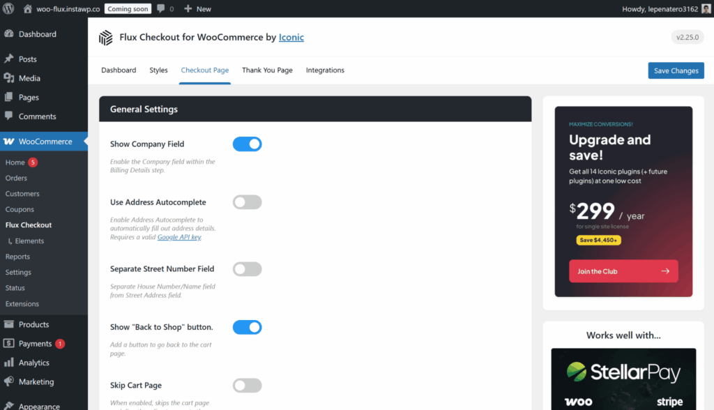 Checkout page settings