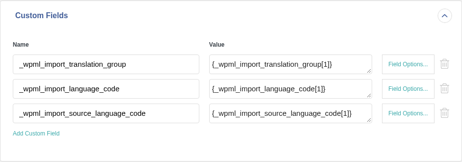 האזור שדות מותאמים אישית של WP All Import עם שלוש עמודות השפה של WPML ממופות