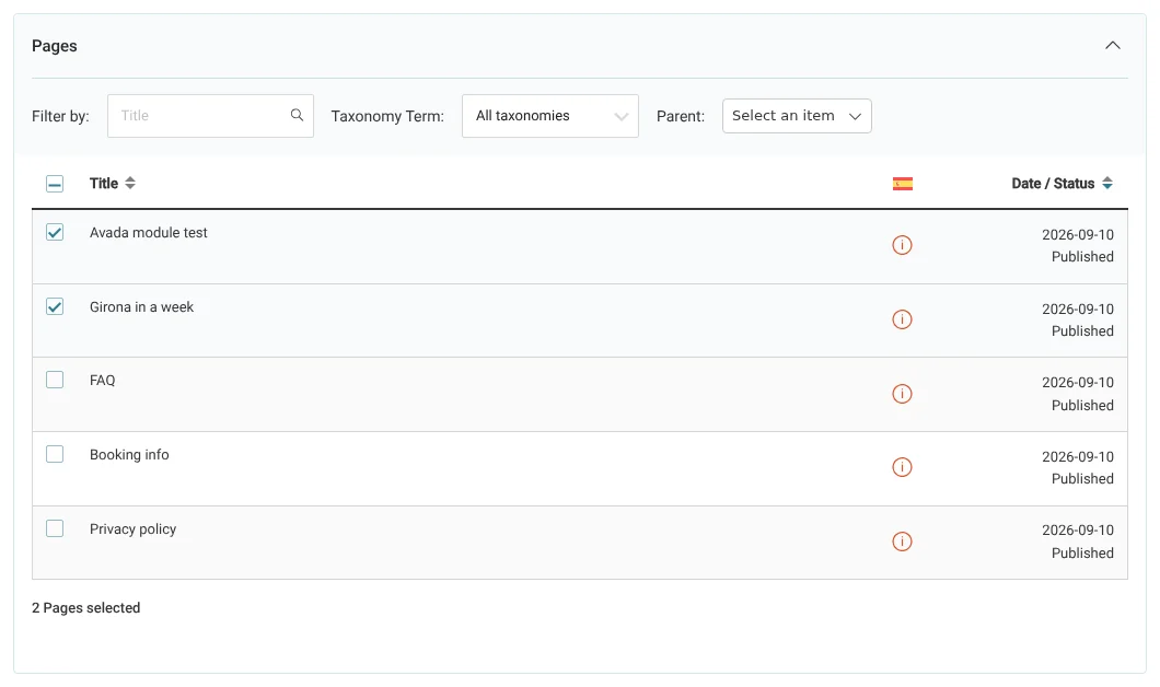 Sending Avada pages for translation in the Translations dashboard