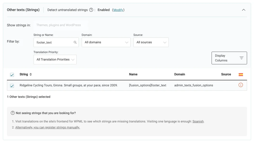 Selezione del testo del footer di Avada nella sezione “Altri testi (stringhe)” sulla Dashboard di traduzione