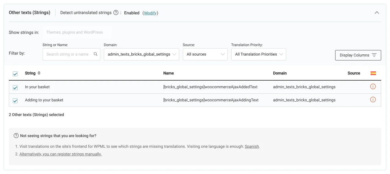 Selecting strings in the Other Texts (Strings) section