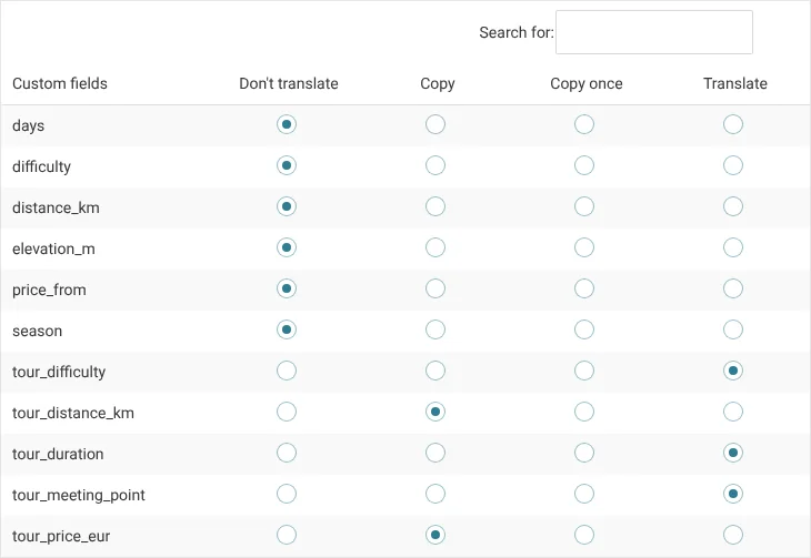 Setting translation options for custom fields