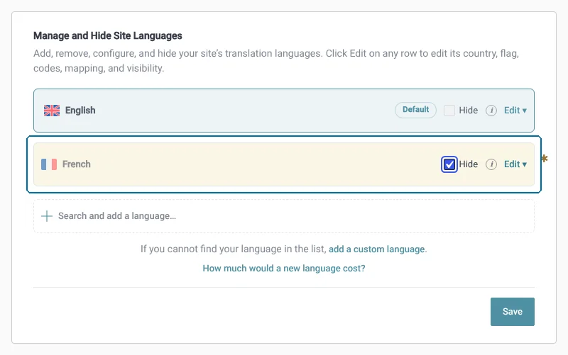 Hiding language on front-end