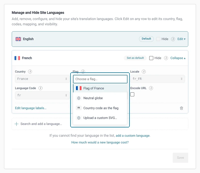 The Flag picker open, with Upload a custom SVG as its last option