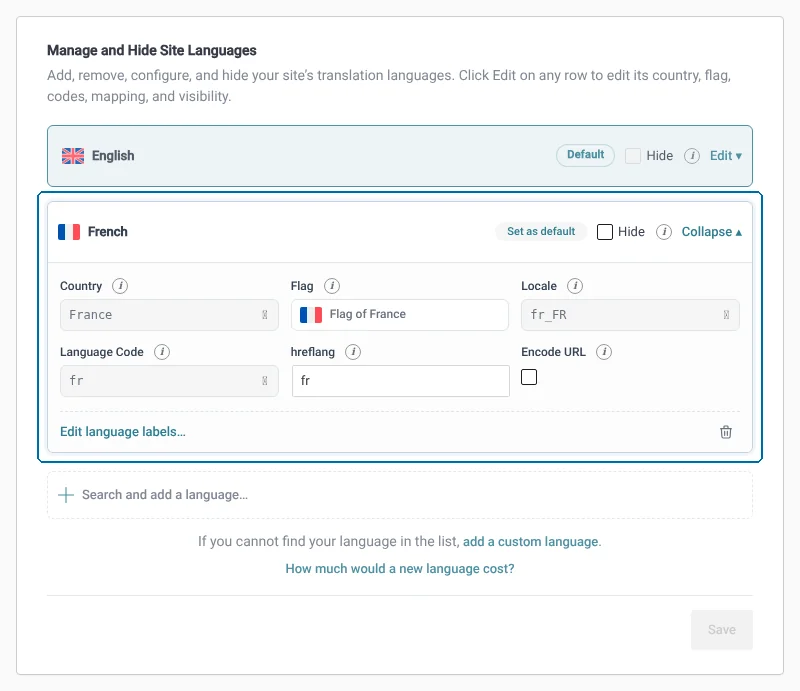 Editing your site’s languages