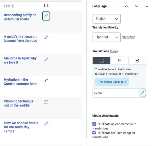 Left: the Pencil icon in the posts list. Right: the same icon beside French in the editor's Language box.