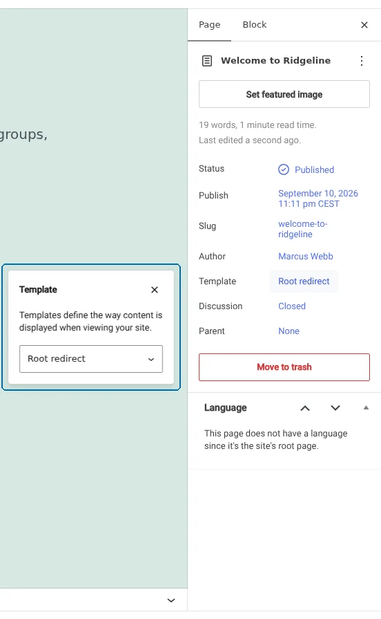 Selecting the root page from the Summary section
