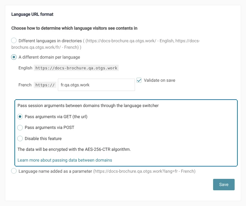 Passing session arguments between domains through the language switcher