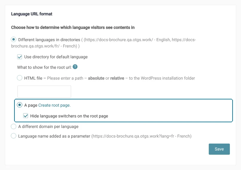 Clicking on the link to create a root page