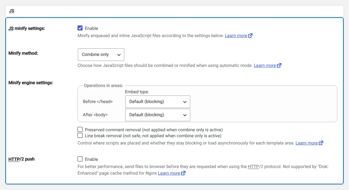 Minify – Einstellungen des JS-Abschnitts