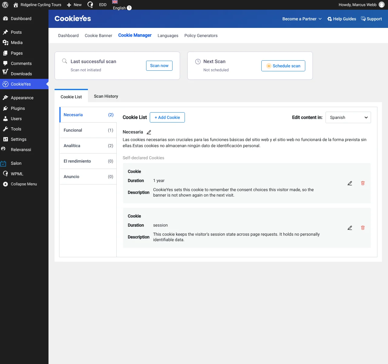 Editing cookie preferences translations in Spanish