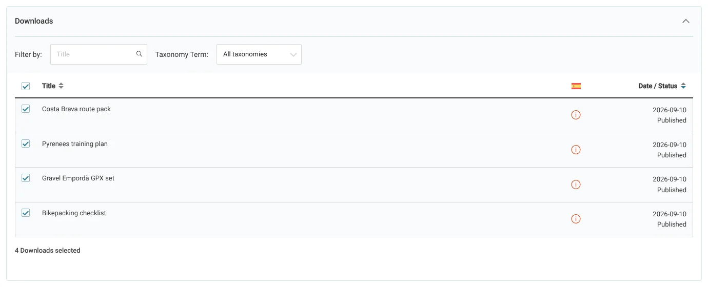 Selecting Easy Digital Downloads products (Downloads) for translation in the Translations dashboard