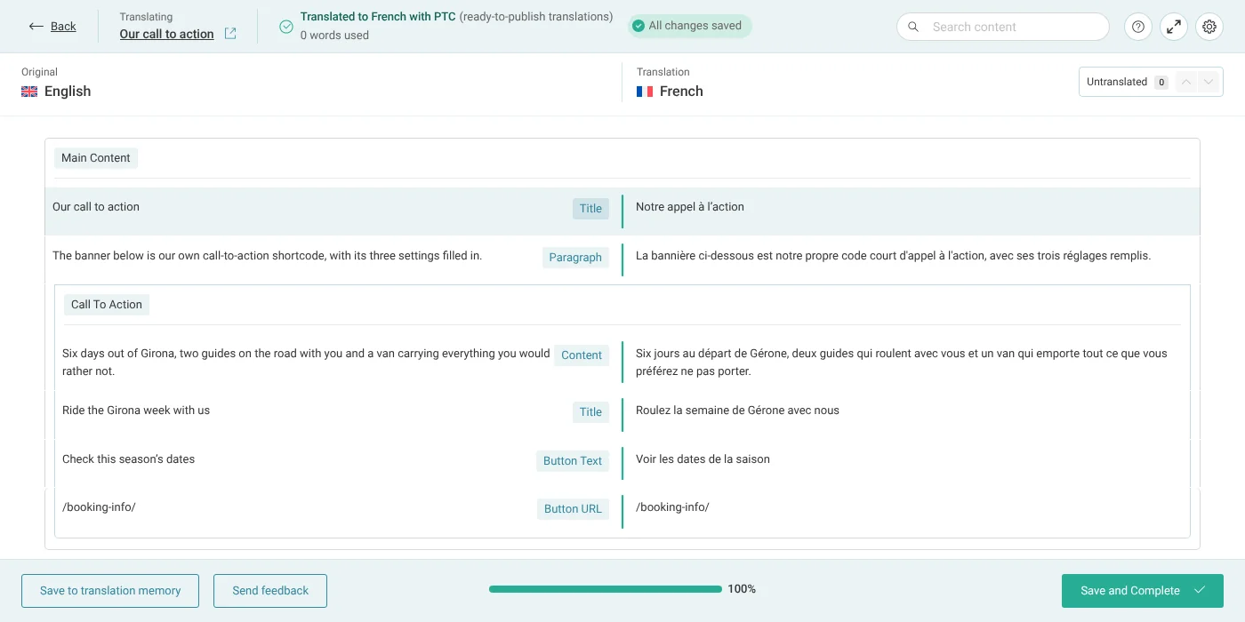 Translating CTA button in the Advanced Translation Editor