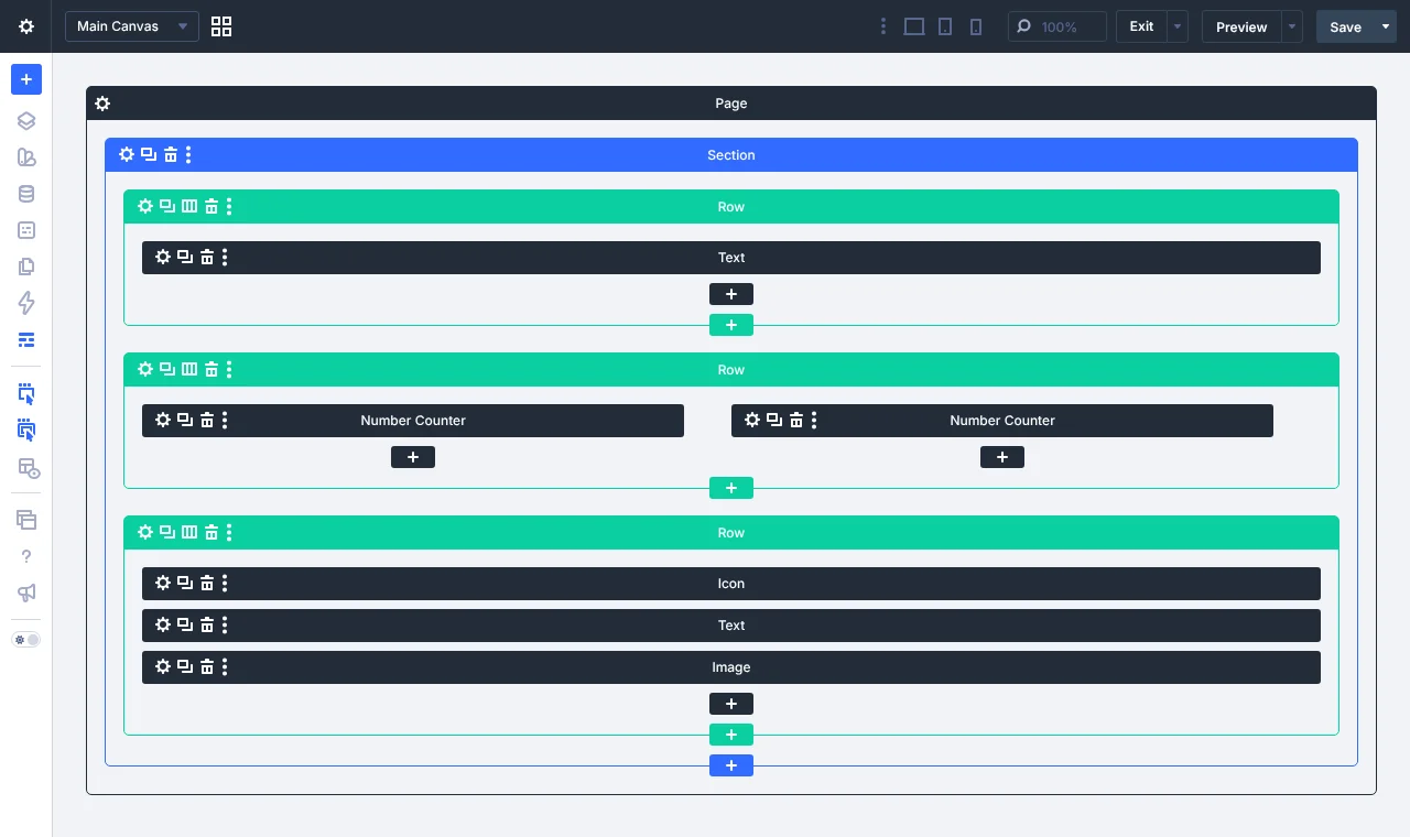 Một trang được xây dựng bằng Divi Builder (chế độ xem wireframe)