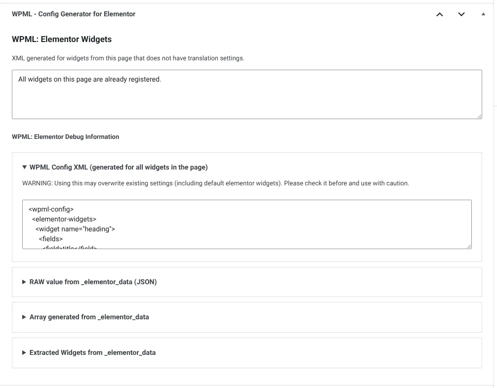 Additional debug information provided by WPML – Config Generator for Elementor