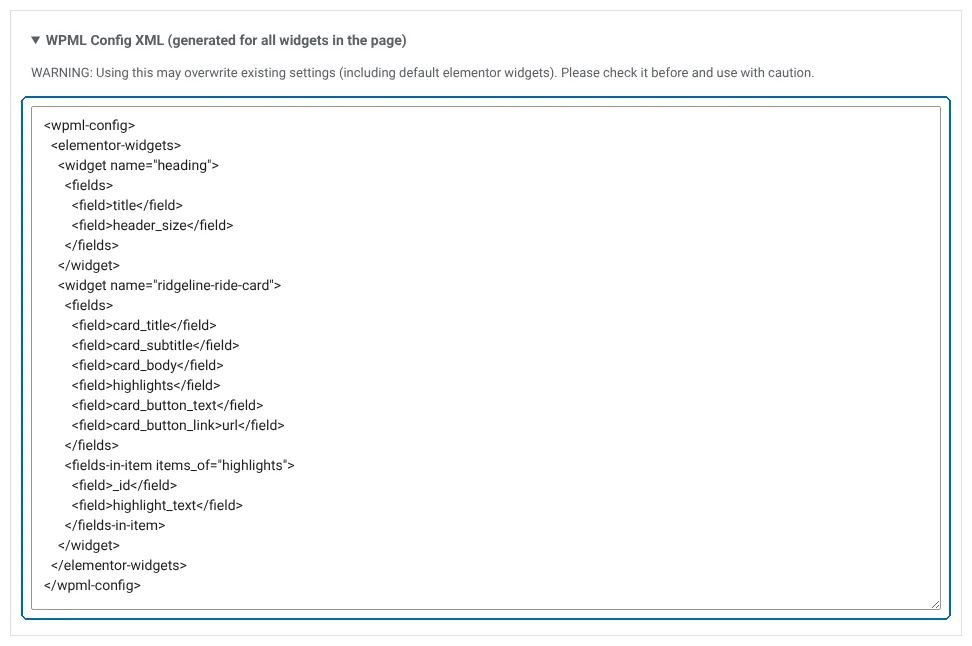 Automatically generated XML code for the custom widgets