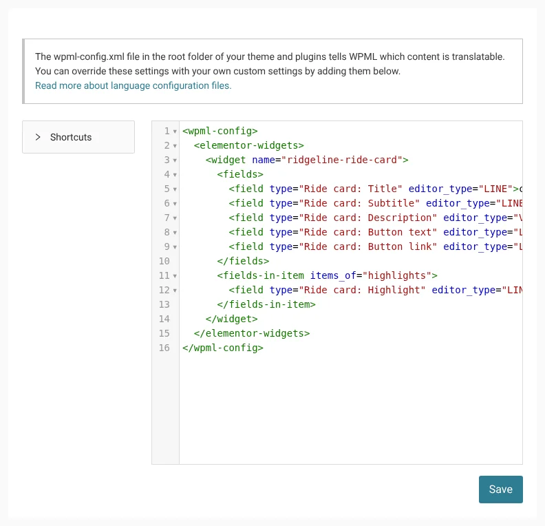 Pasting the code into the editor in the Custom XML Configuration tab