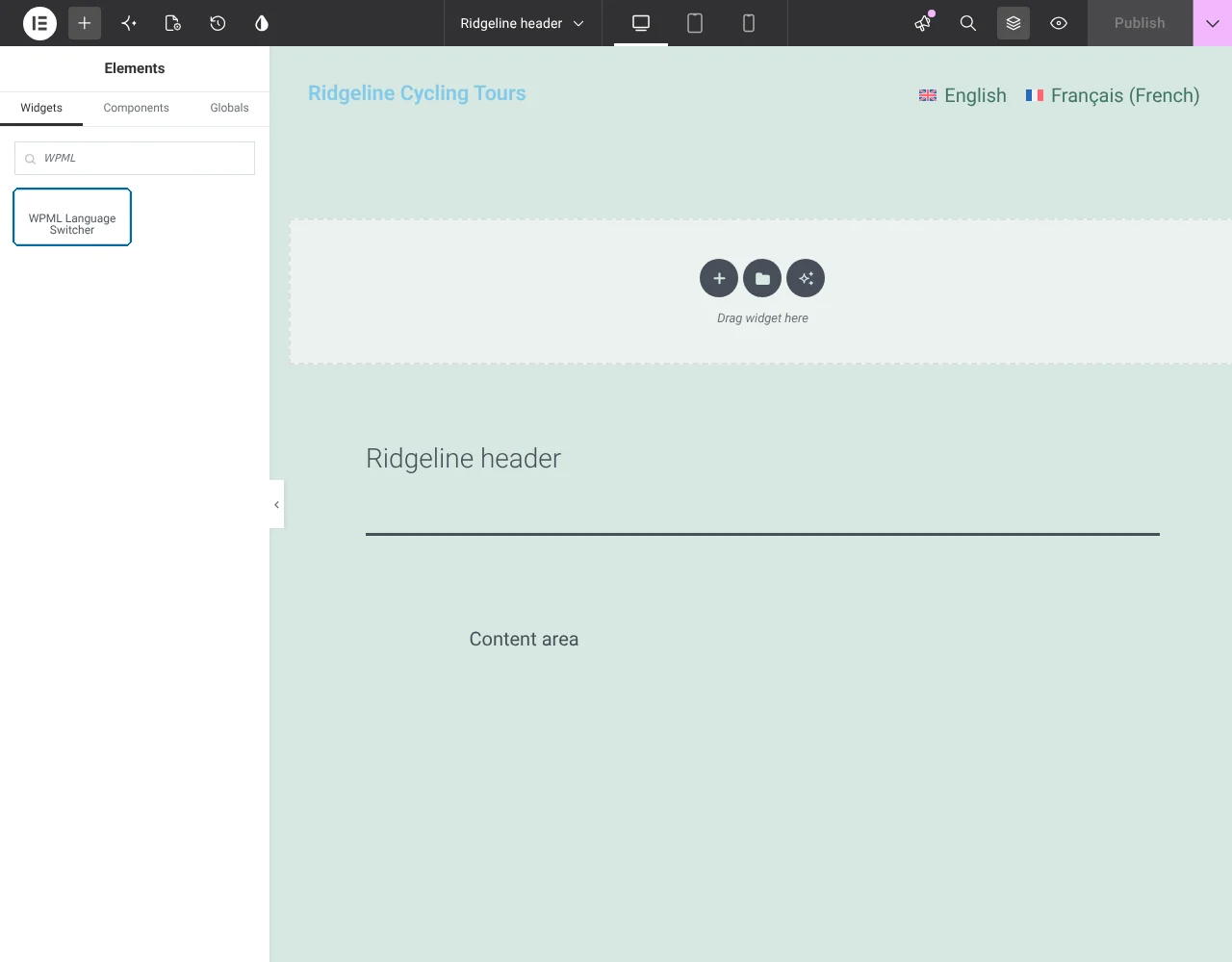 Dragging and dropping the WPML Language Switcher widget to the header