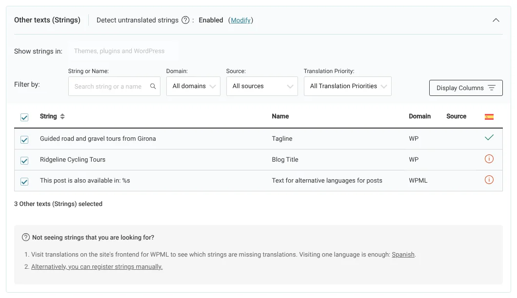 Selecting the site's texts in the Other texts (Strings) section
