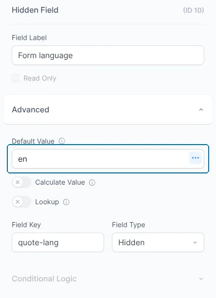 Inserimento del codice della lingua predefinita nel campo Hidden