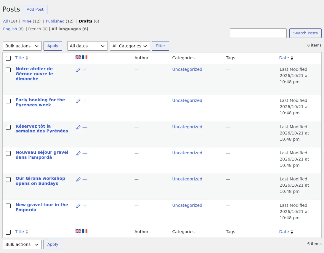 インポート後、WPMLインポートを実行の前の状態:英語とフランス語の投稿はすべて、英語の下で下書きになっています。