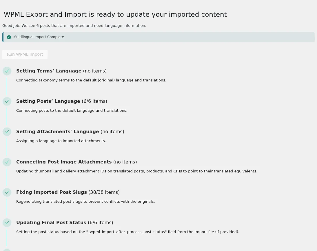 WPMLインポートを実行では、各ステップと処理されたアイテムの数が表示されます。完了すると「多言語インポートが完了しました」と表示されます。