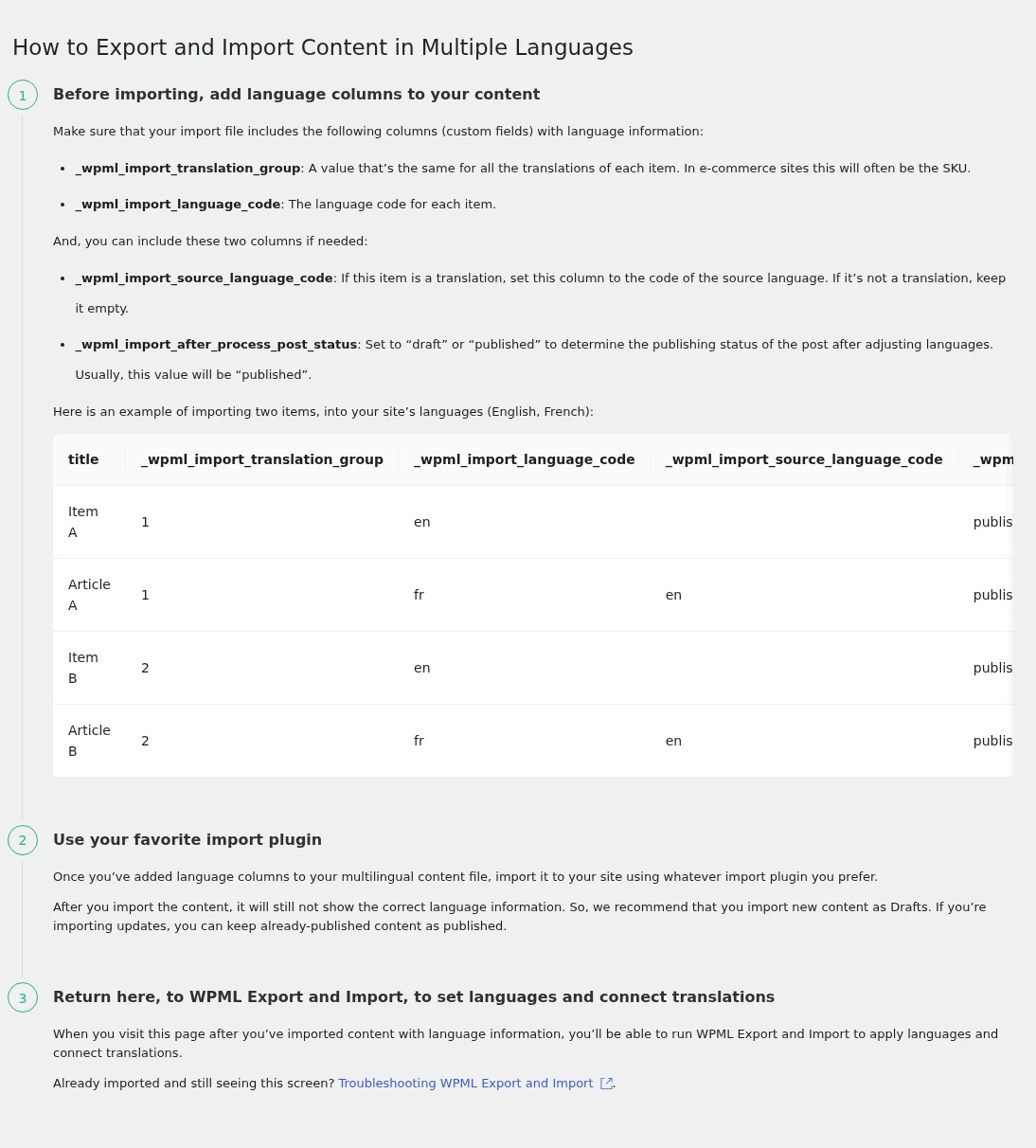 別のウェブサイトまたはシステムからのコンテンツ向けの3ステップガイドと言語列の例。