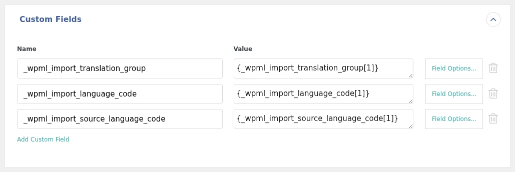 WP All Importウィザードのステップ3でカスタムフィールドとしてマッピングされた3つのWPML言語列。