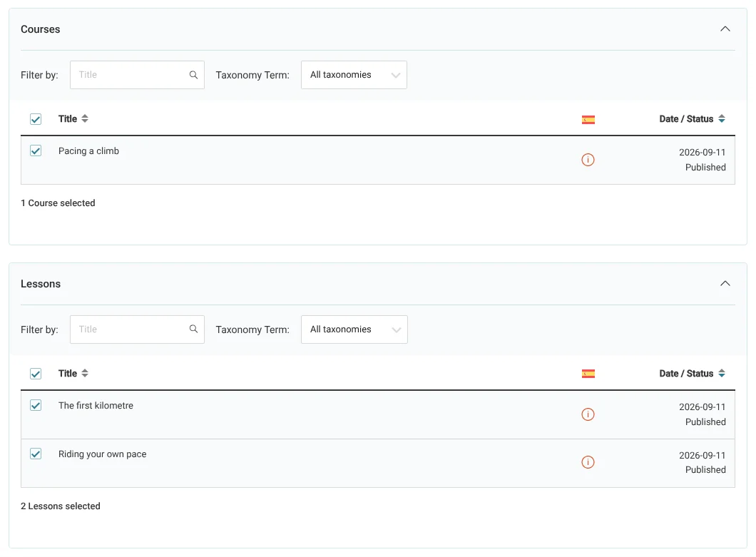Selecting course components in Translations dashboard