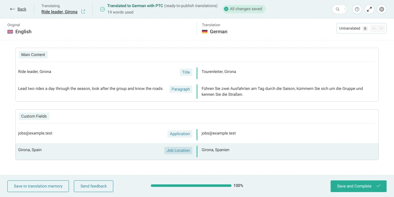 Translating a job listing in the Advanced Translation Editor